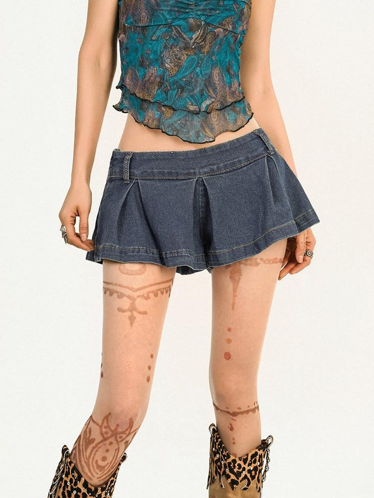 Nico Molly Flattering Low Waist Pleated A Line Slim Fit Solid Dark Blue Youth Mini Skirts