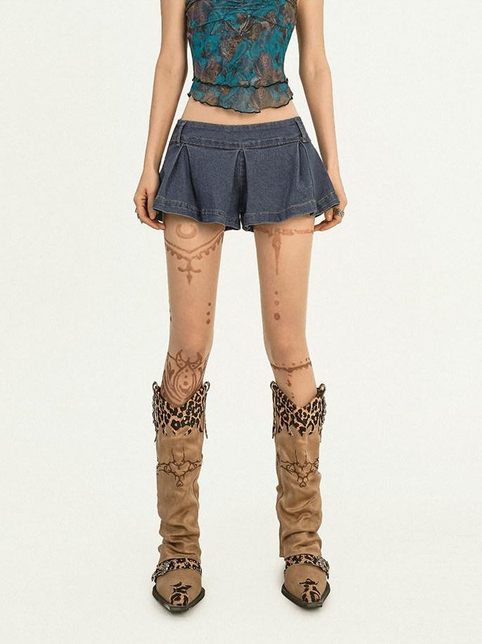 Nico Molly Flattering Low Waist Pleated A Line Slim Fit Solid Dark Blue Youth Mini Skirts