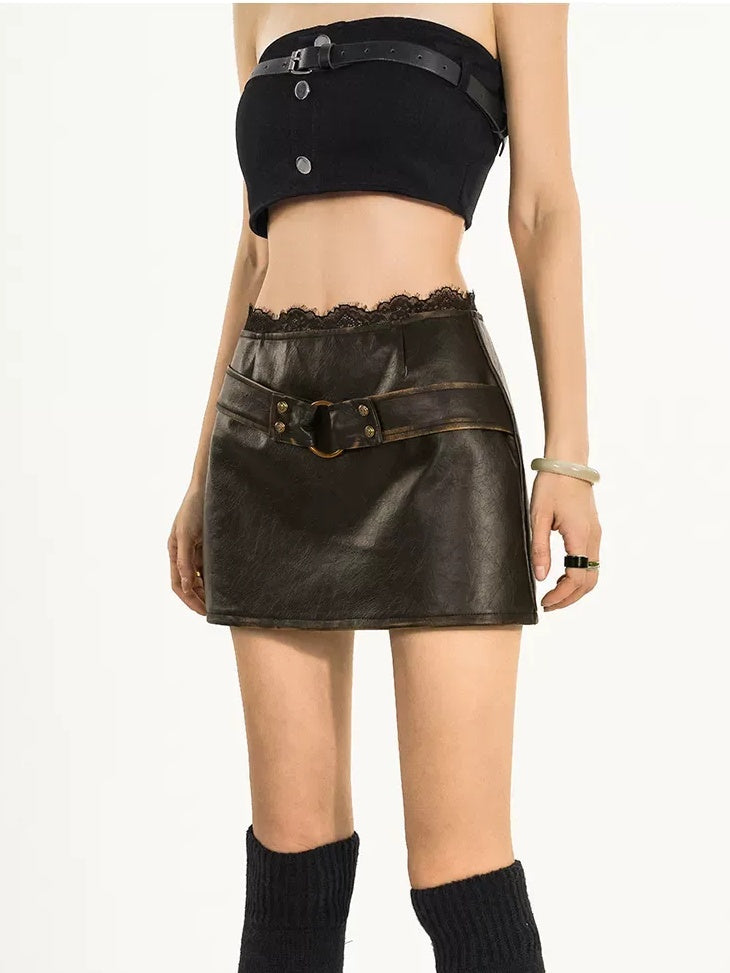 Nico Molly Flattering Slim Fit Mid Rise A Line Street Style Women Dark Brown Mini Skirts