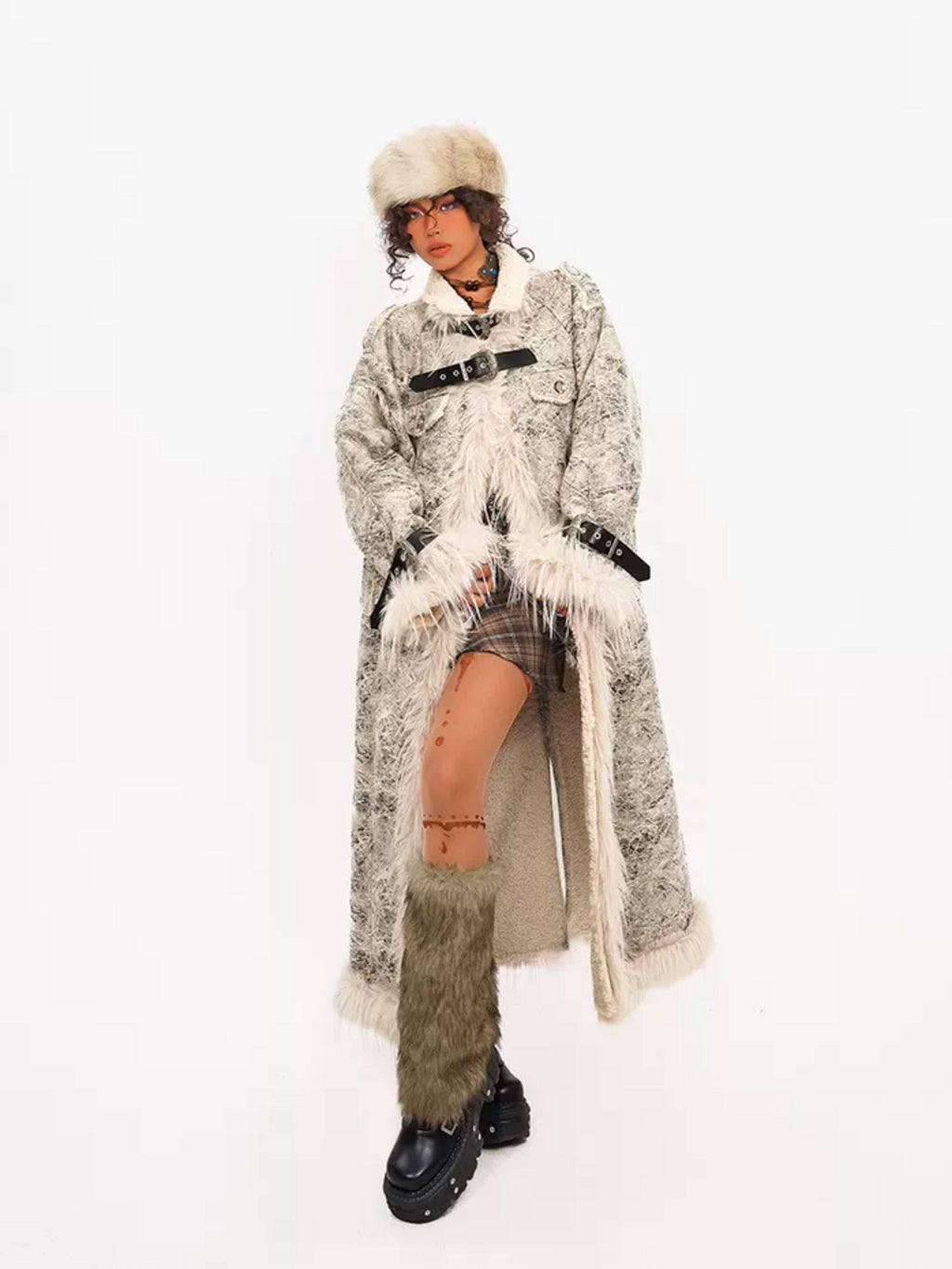 Nico Molly Fleece Lined Warm Vintage Loose Fit Mid Length Fur Collar Women Long Coats