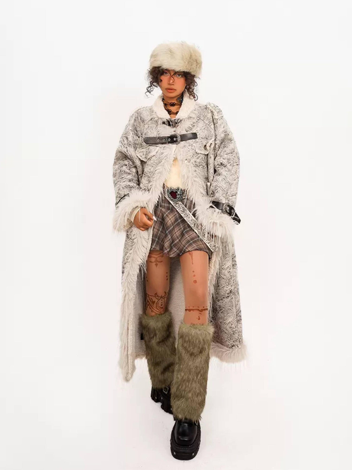 Nico Molly Fleece Lined Warm Vintage Loose Fit Mid Length Fur Collar Women Long Coats