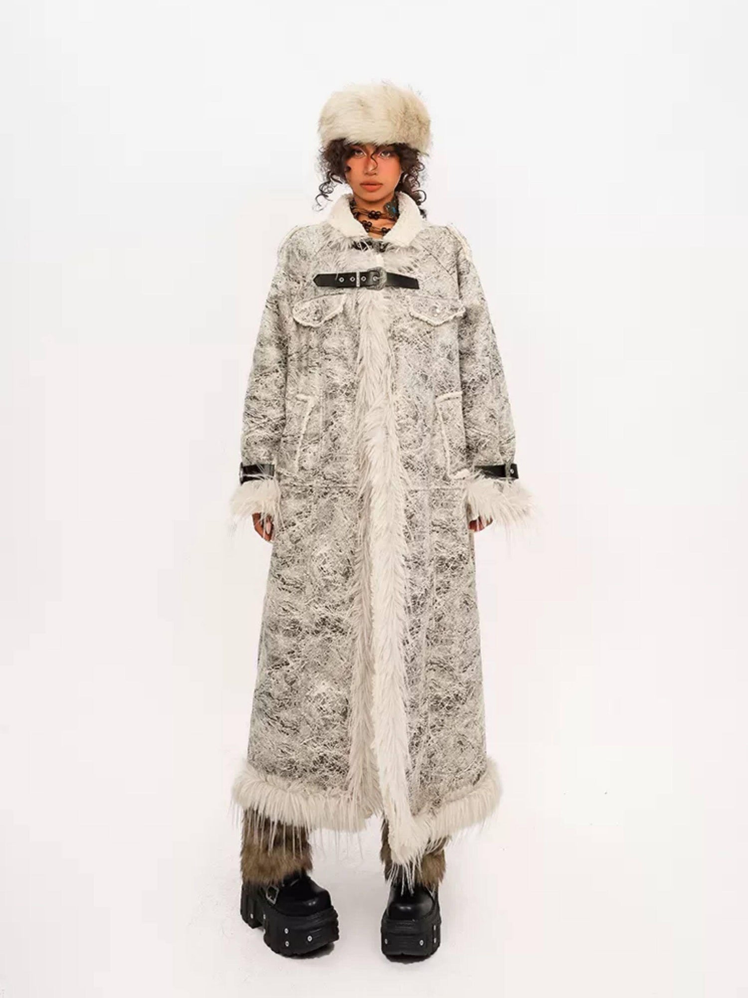 Nico Molly Fleece Lined Warm Vintage Loose Fit Mid Length Fur Collar Women Long Coats