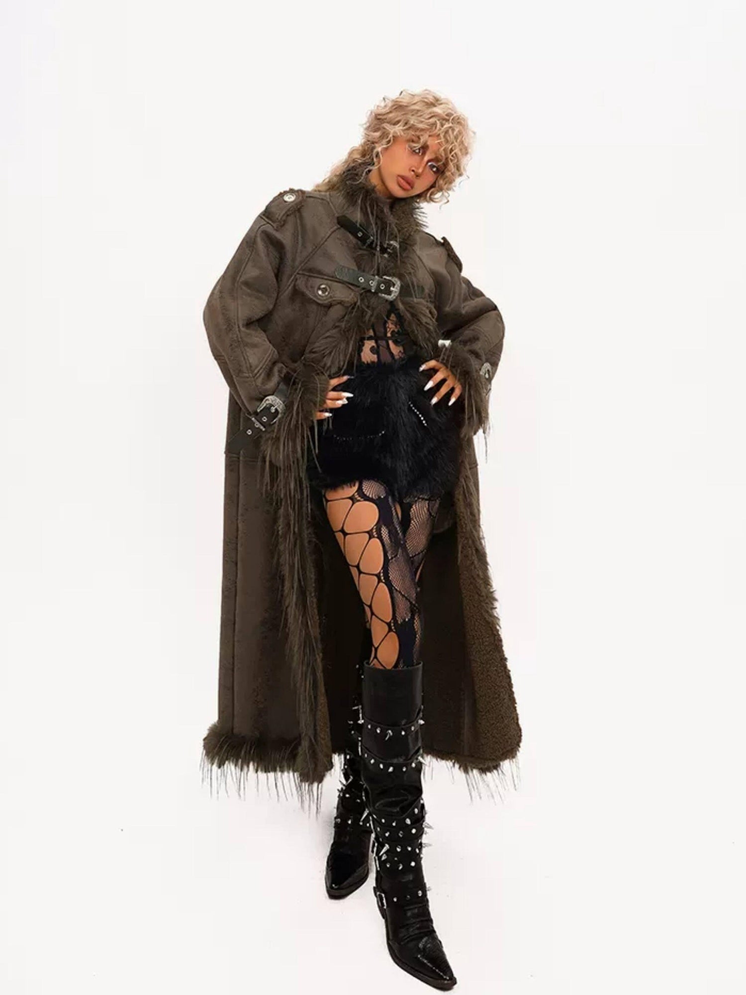 Nico Molly Fleece Lined Warm Vintage Loose Fit Mid Length Fur Collar Women Long Coats