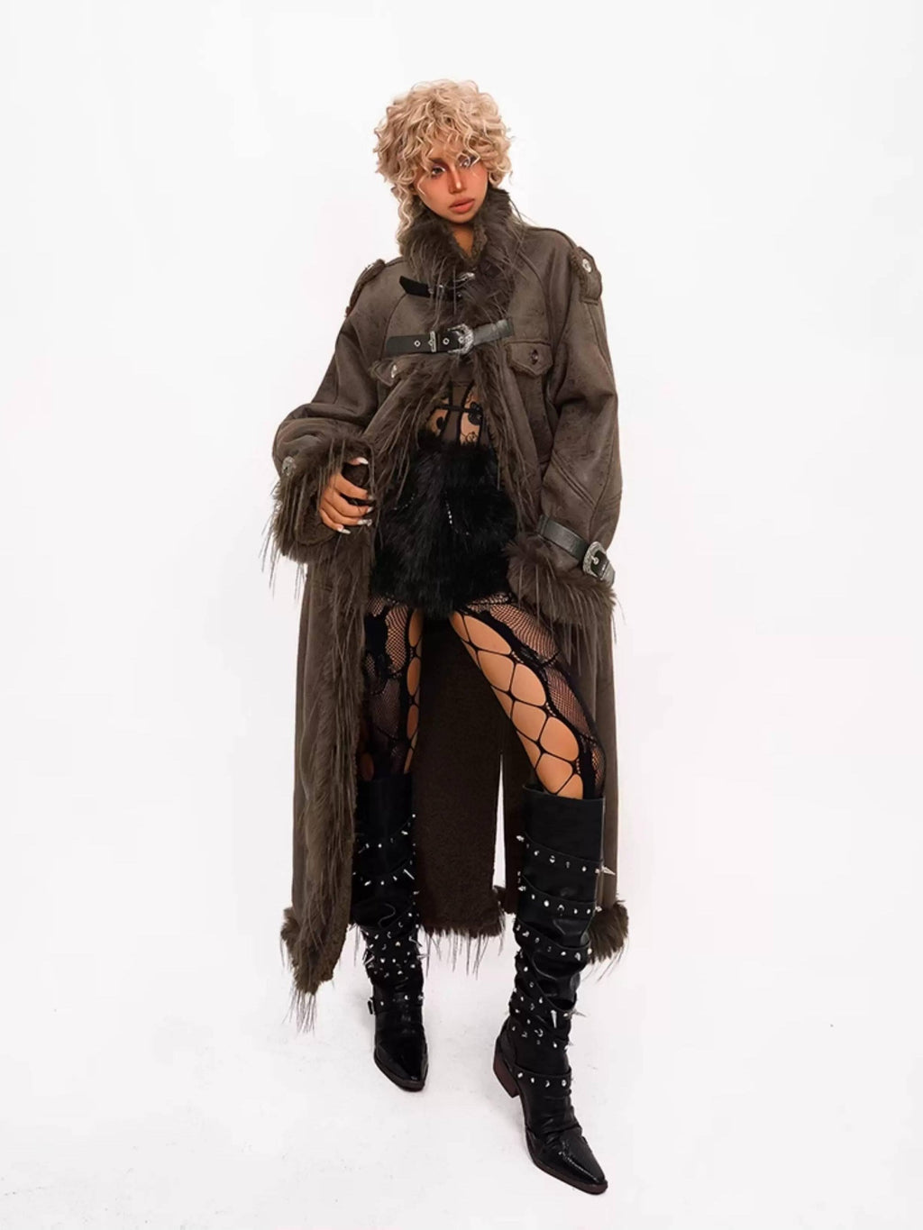 Nico Molly Fleece Lined Warm Vintage Loose Fit Mid Length Fur Collar Women Long Coats