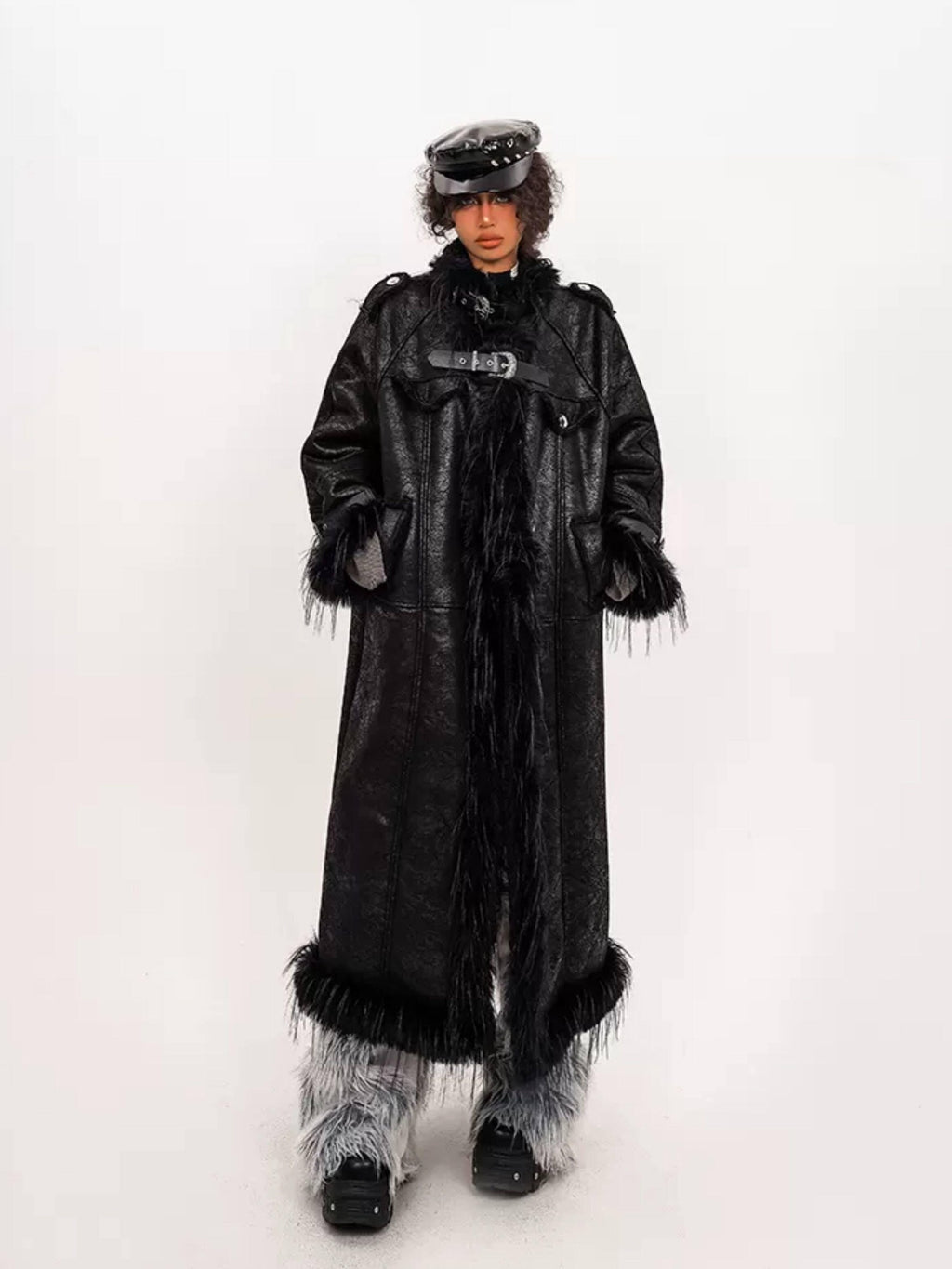 Nico Molly Fleece Lined Warm Vintage Loose Fit Mid Length Fur Collar Women Long Coats
