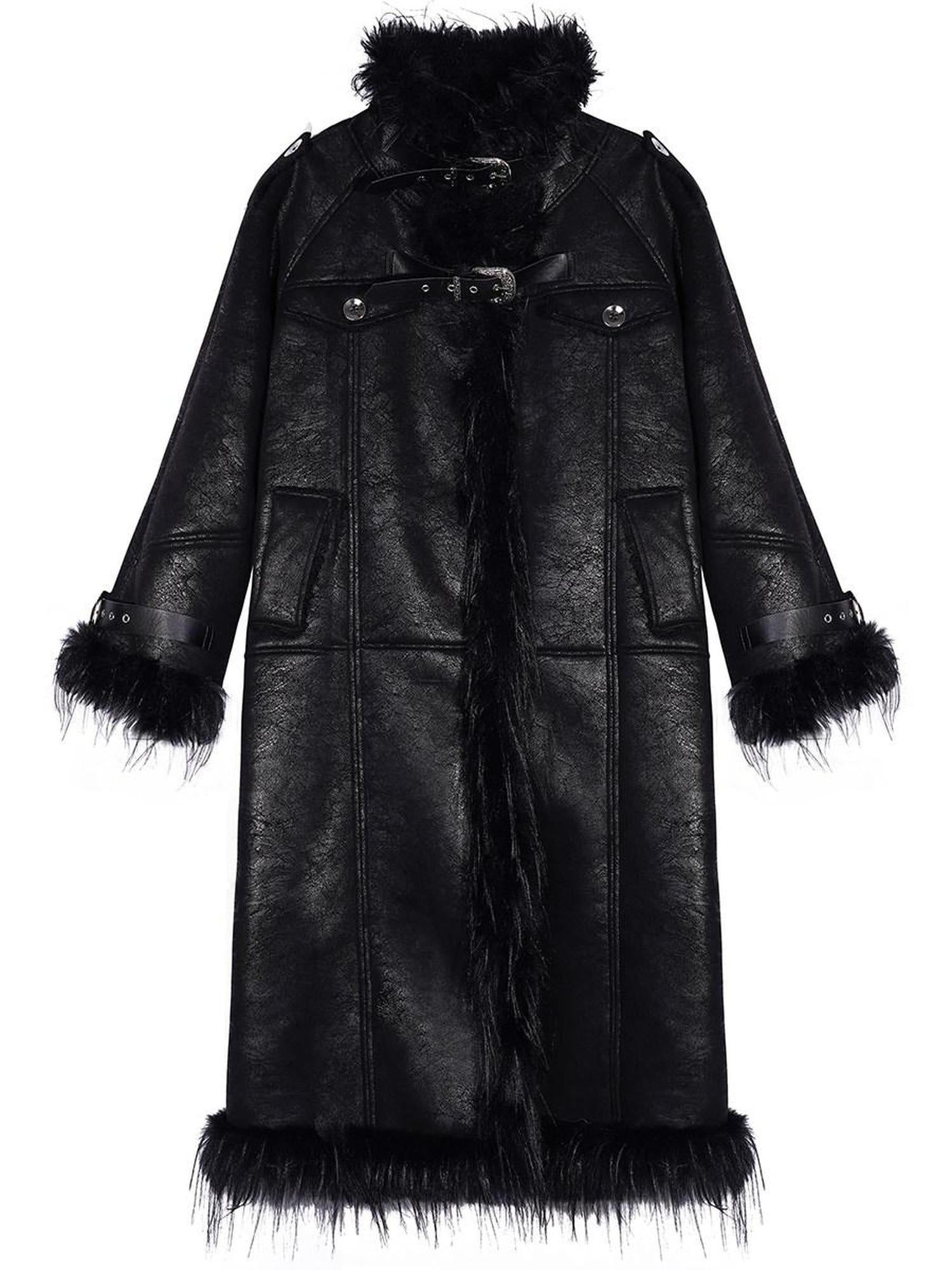 Nico Molly Fleece Lined Warm Vintage Loose Fit Mid Length Fur Collar Women Long Coats