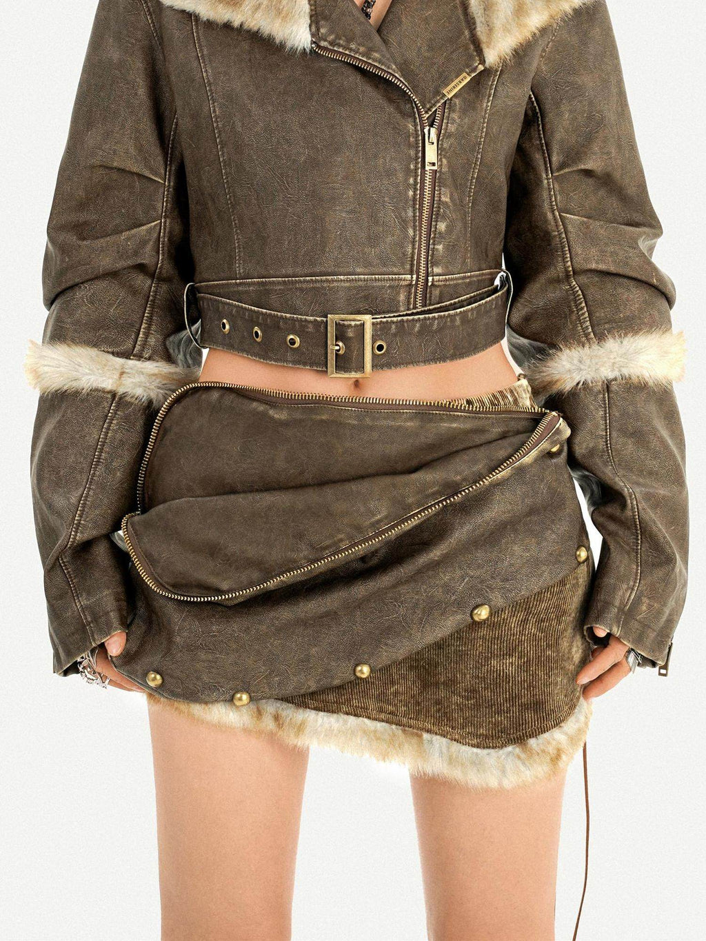 Nico Molly Frayed Hem Distressed Punk Bodycon Mid Rise Side Zipper Brown Mini Skirts