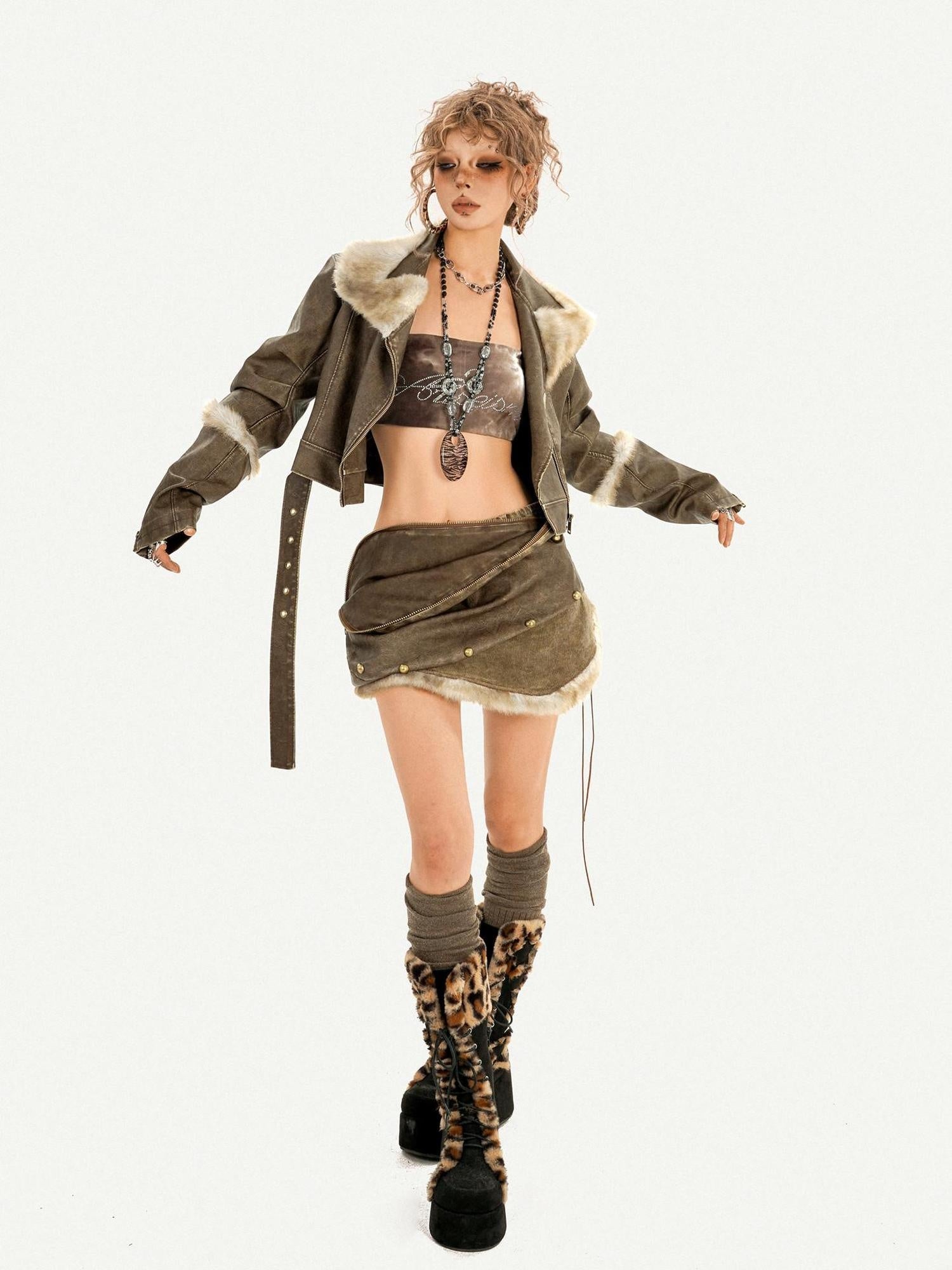 Nico Molly Frayed Hem Distressed Punk Bodycon Mid Rise Side Zipper Brown Mini Skirts
