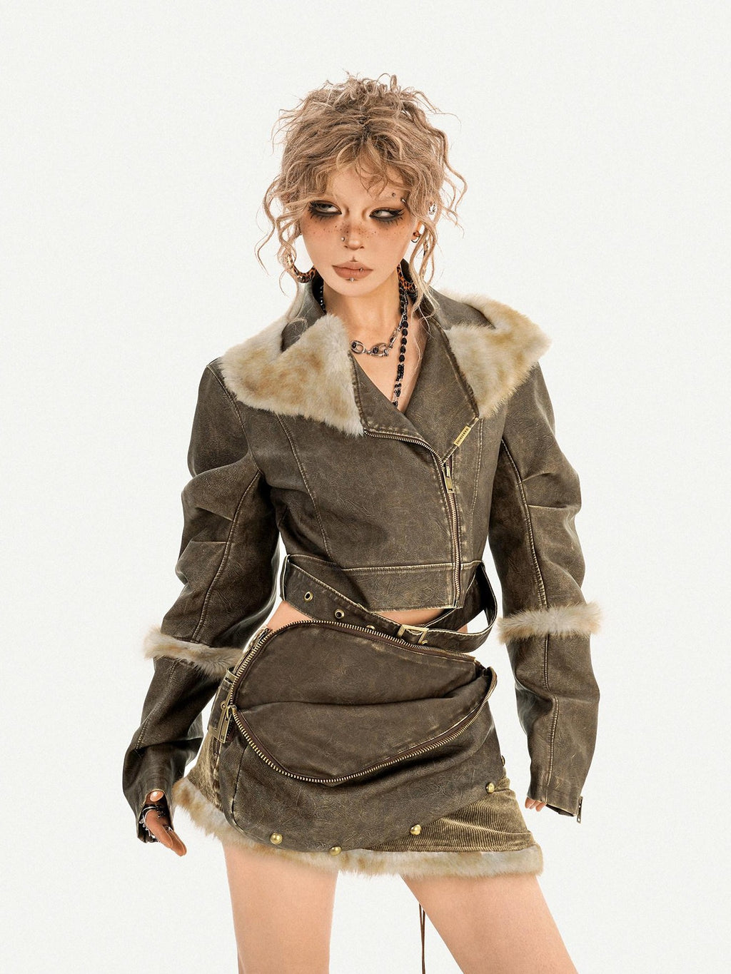 Nico Molly Frayed Hem Distressed Punk Bodycon Mid Rise Side Zipper Brown Mini Skirts