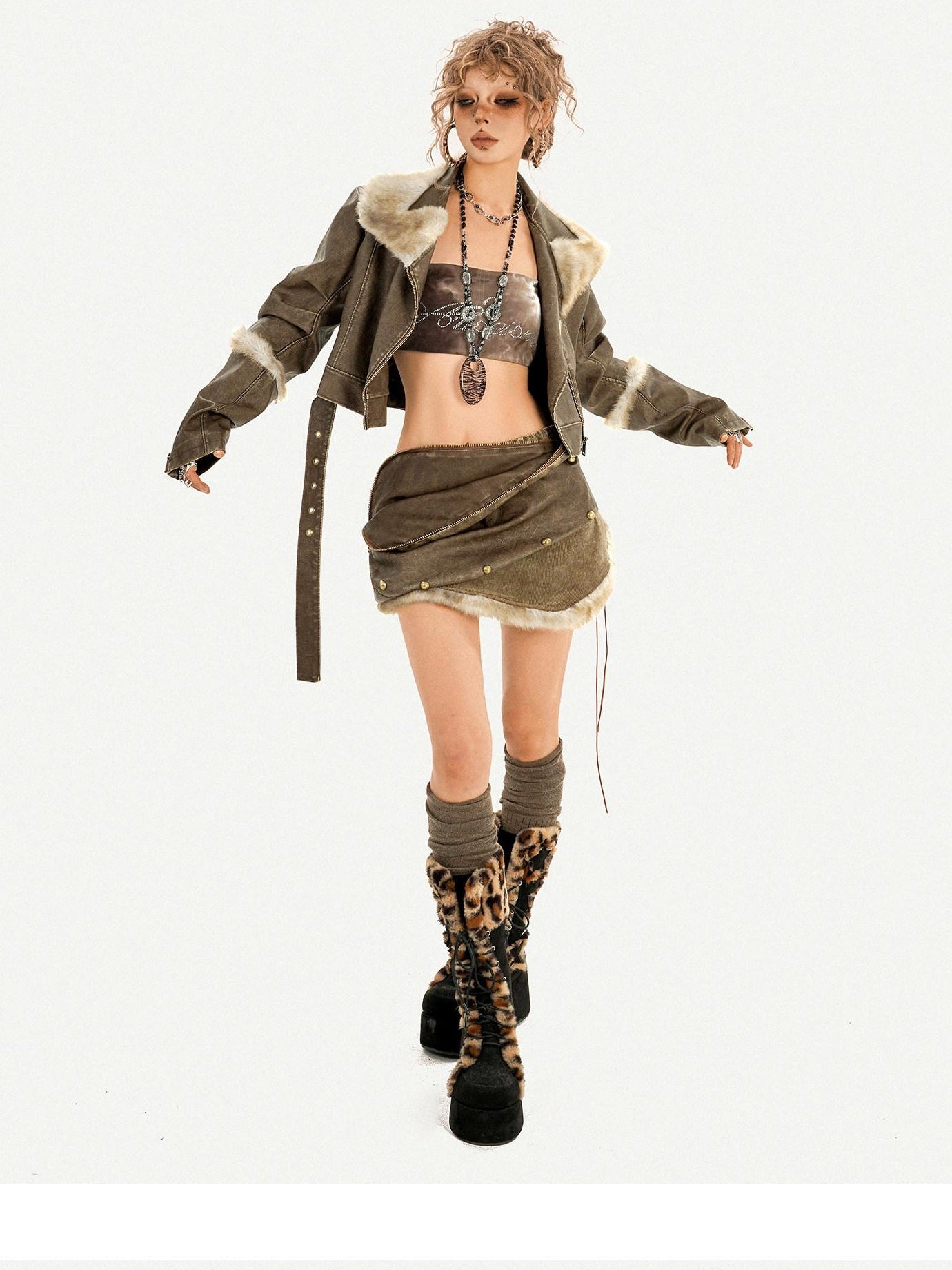 Nico Molly Frayed Hem Distressed Punk Bodycon Mid Rise Side Zipper Brown Mini Skirts