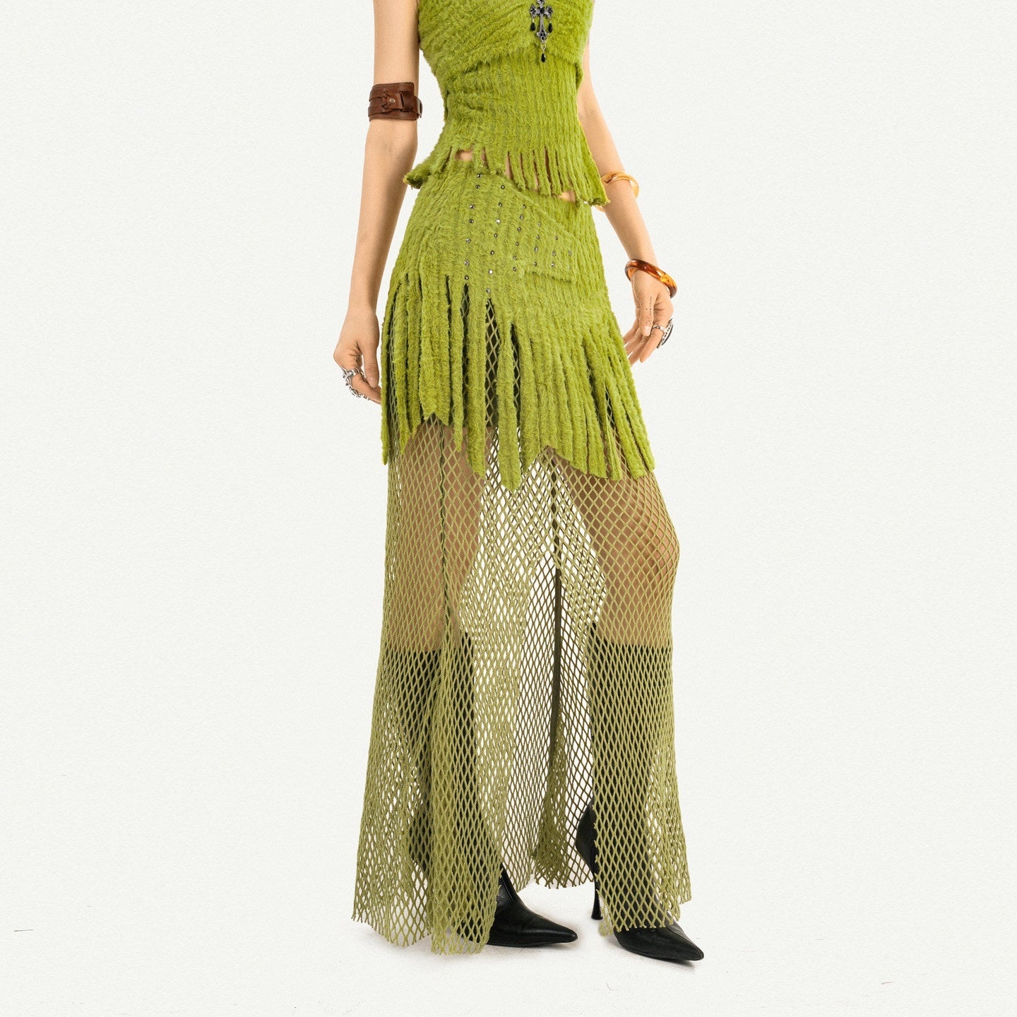 Nico_Molly_Fringe_Patchwork_Three_Piece_Long_Sleeve_Sexy_Green_Women_Top_&_Skirt_Sets_MISSTT