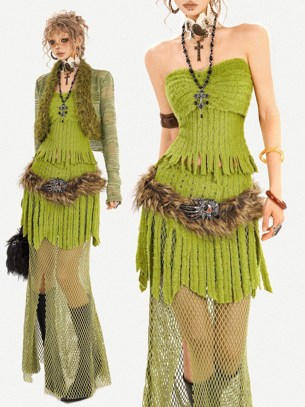 Nico Molly Fringe Patchwork Three Piece Long Sleeve Sexy Green Women Top & Skirt Sets
