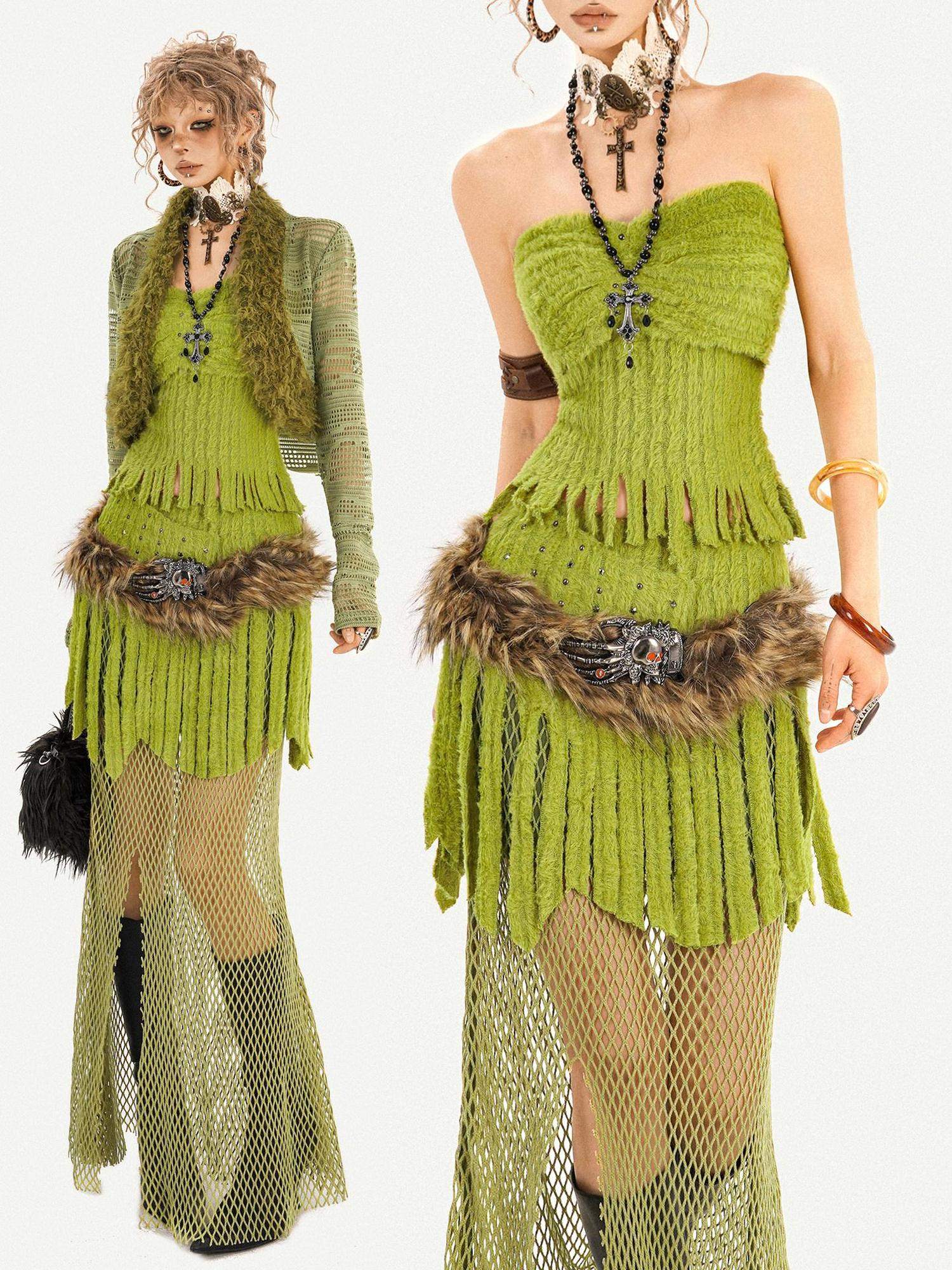 Nico Molly Fringe Patchwork Three Piece Long Sleeve Sexy Green Women Top & Skirt Sets