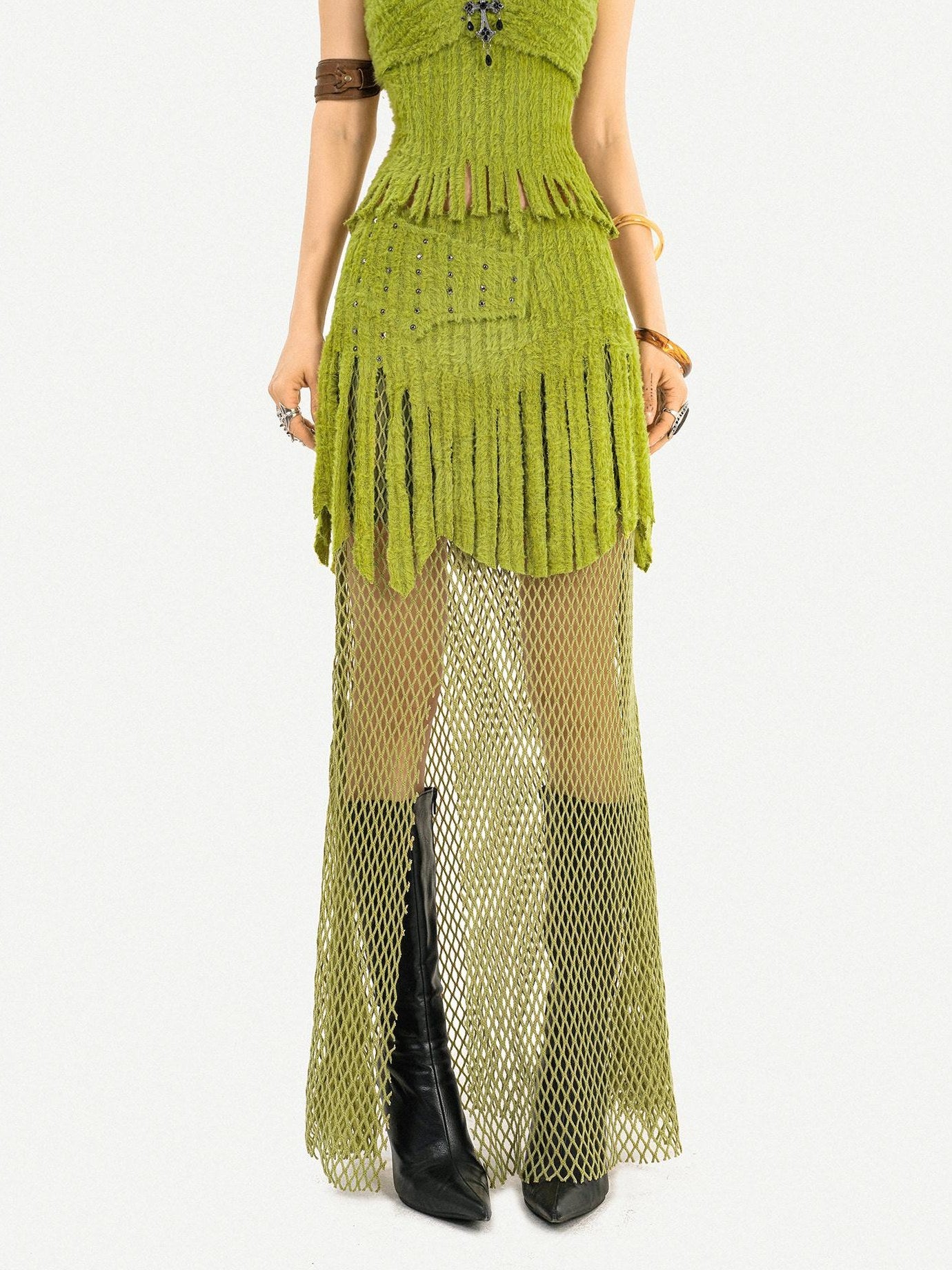 Nico Molly Fringe Patchwork Three Piece Long Sleeve Sexy Green Women Top & Skirt Sets