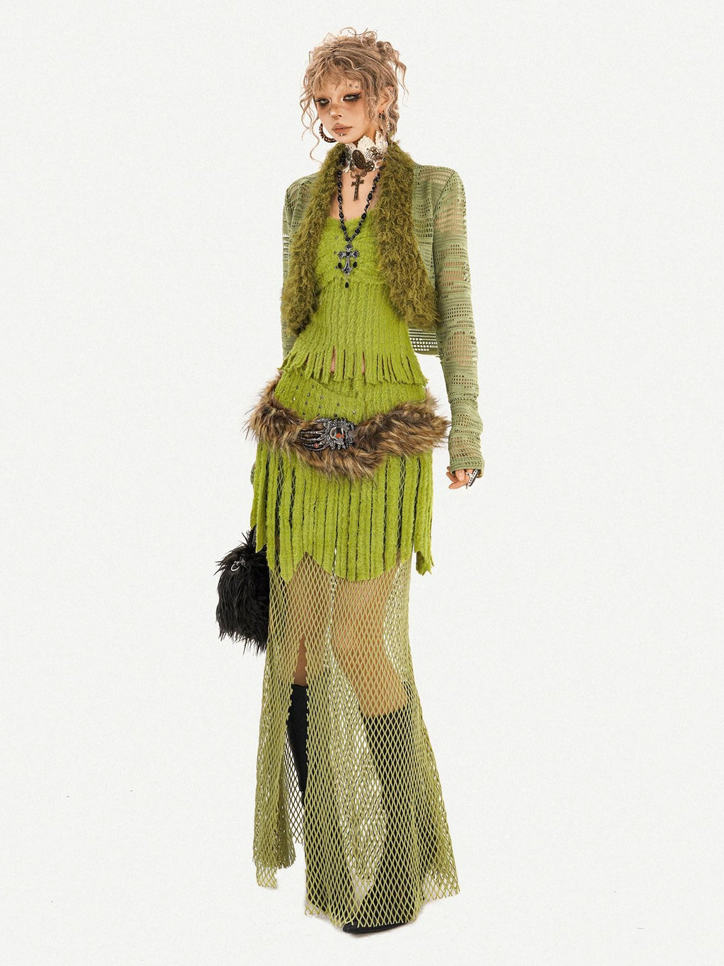 Nico Molly Fringe Patchwork Three Piece Long Sleeve Sexy Green Women Top & Skirt Sets