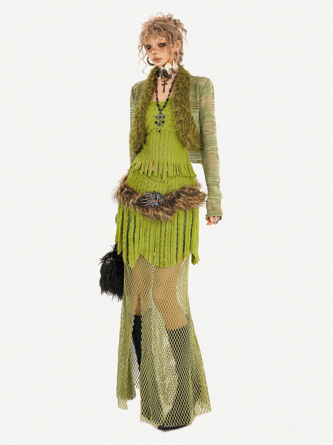 Nico Molly Fringe Patchwork Three Piece Long Sleeve Sexy Green Women Top & Skirt Sets