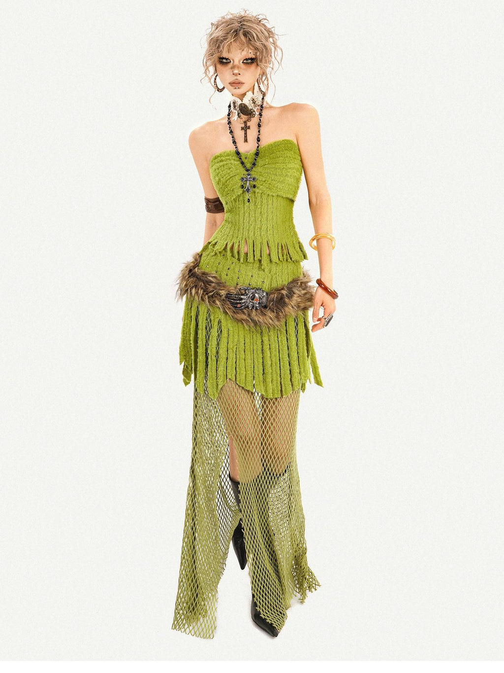 Nico Molly Fringe Patchwork Three Piece Long Sleeve Sexy Green Women Top & Skirt Sets