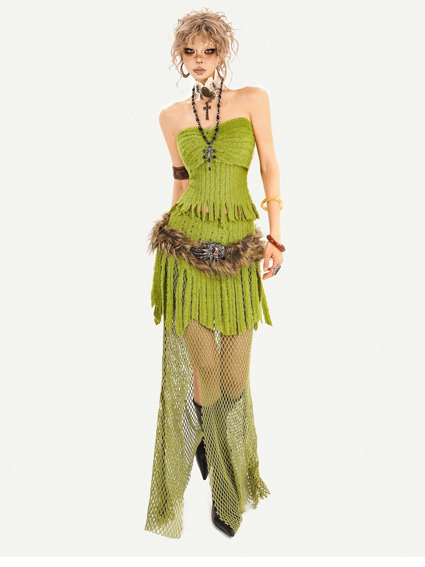 Nico Molly Fringe Patchwork Three Piece Long Sleeve Sexy Green Women Top & Skirt Sets