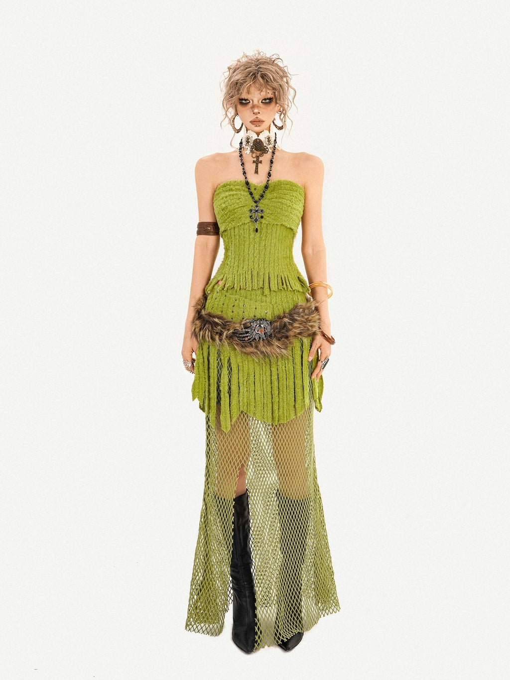 Nico Molly Fringe Patchwork Three Piece Long Sleeve Sexy Green Women Top & Skirt Sets