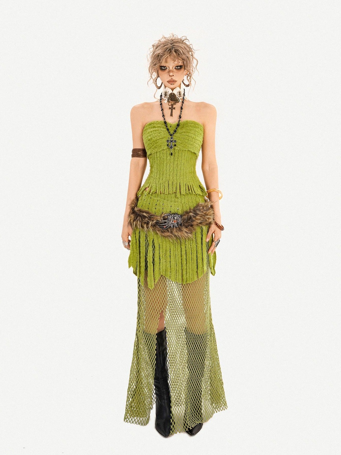 Nico Molly Fringe Patchwork Three Piece Long Sleeve Sexy Green Women Top & Skirt Sets
