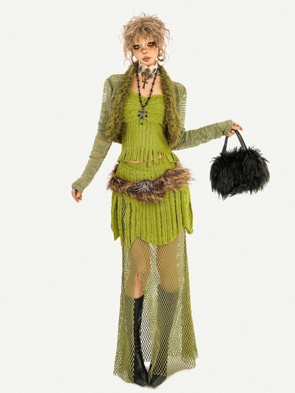Nico Molly Fringe Patchwork Three Piece Long Sleeve Sexy Green Women Top & Skirt Sets