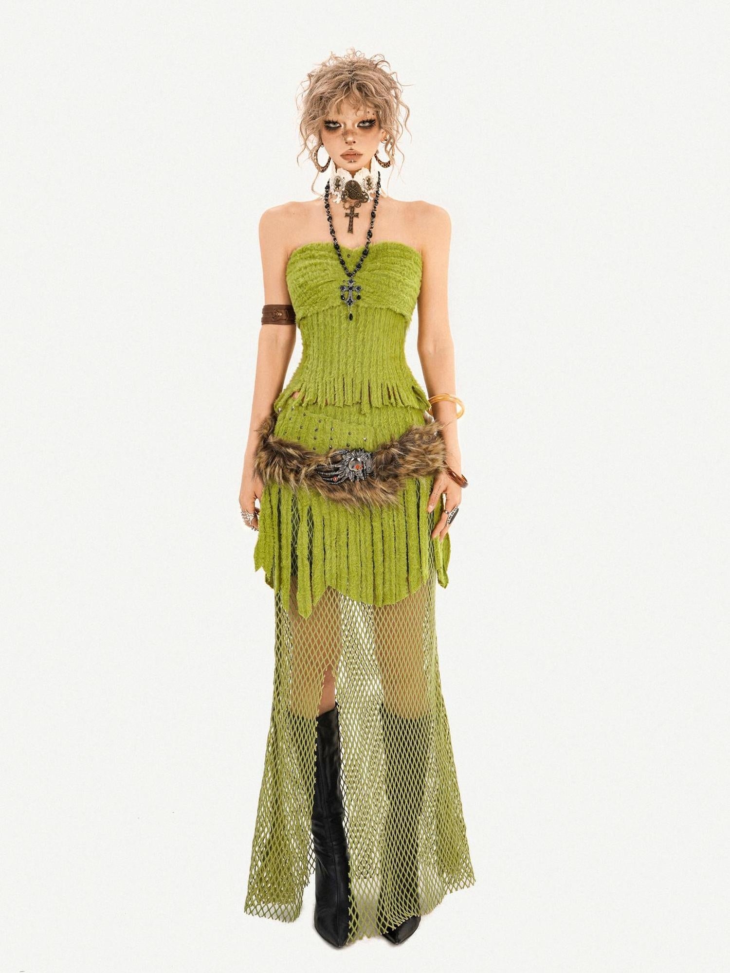 Nico Molly Fringe Patchwork Three Piece Long Sleeve Sexy Green Women Top & Skirt Sets