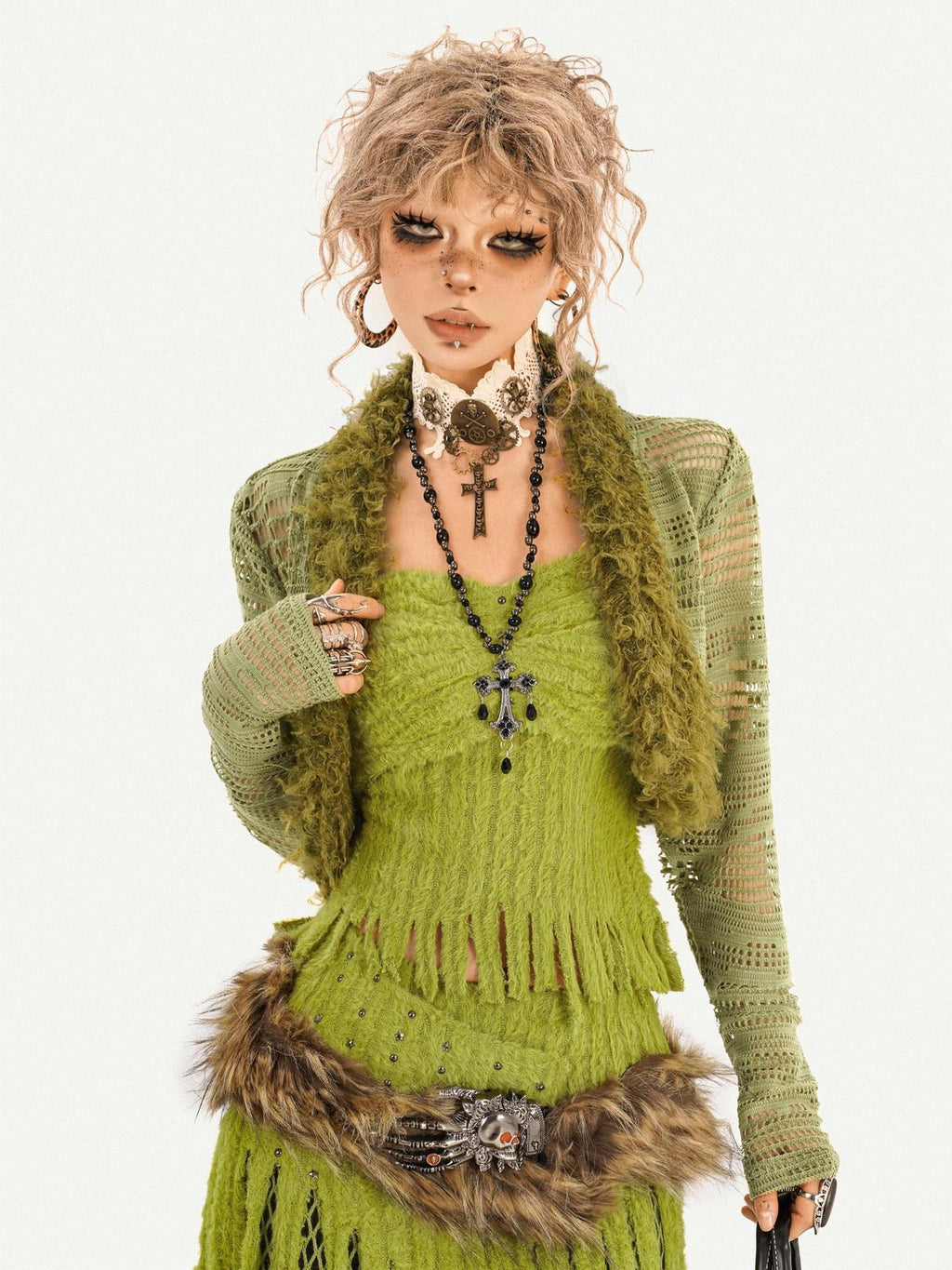 Nico Molly Fringe Patchwork Three Piece Long Sleeve Sexy Green Women Top & Skirt Sets