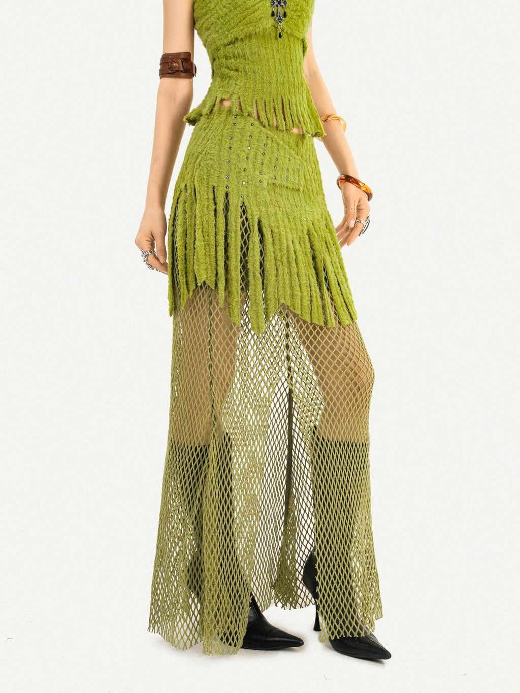 Nico Molly Fringe Patchwork Three Piece Long Sleeve Sexy Green Women Top & Skirt Sets