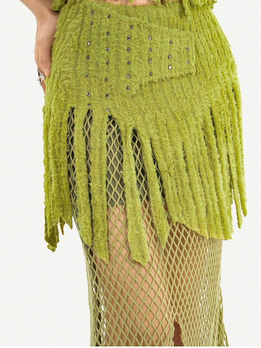 Nico Molly Fringe Patchwork Three Piece Long Sleeve Sexy Green Women Top & Skirt Sets