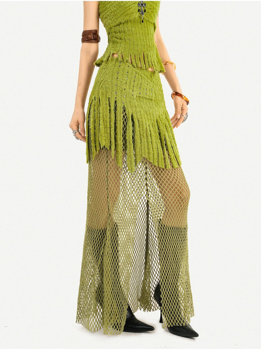 Nico Molly Fringe Patchwork Three Piece Long Sleeve Sexy Green Women Top & Skirt Sets
