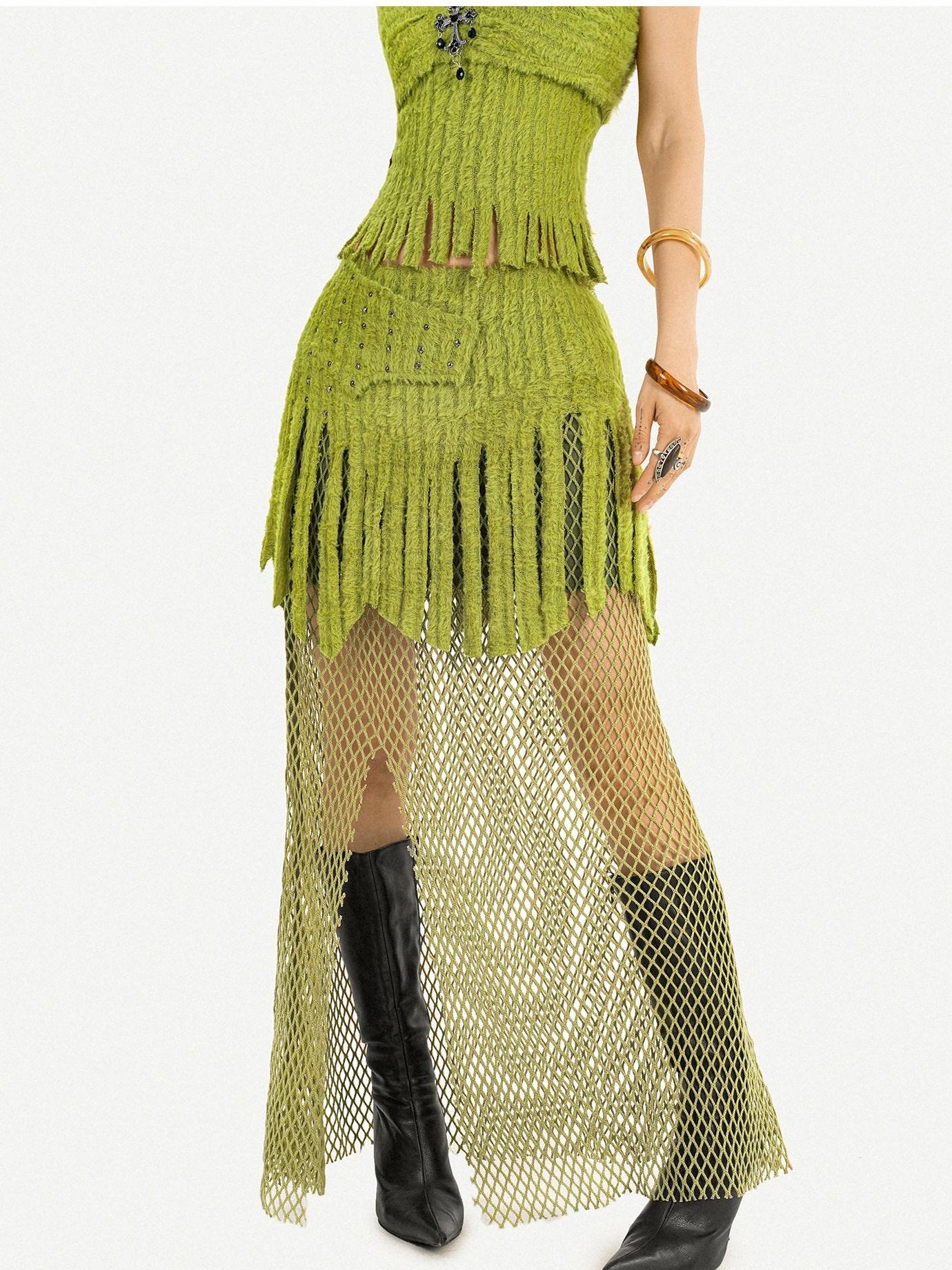 Nico Molly Fringe Patchwork Three Piece Long Sleeve Sexy Green Women Top & Skirt Sets
