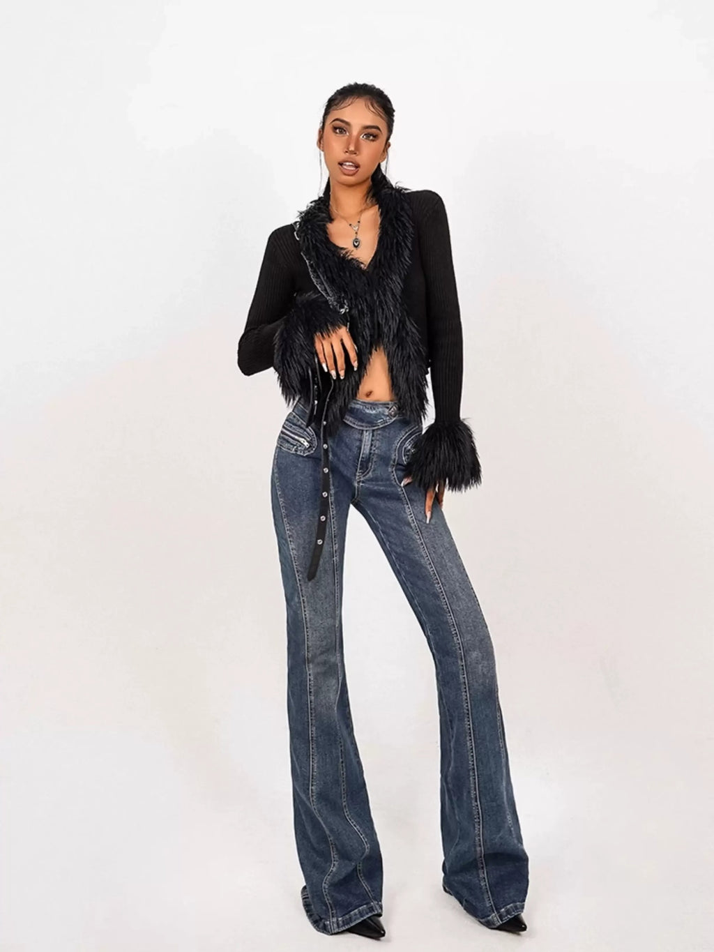 Nico Molly Fringe Tie V-neck Slim Fit Urban Street Cropped Bell Sleeve Solid Knit Cardigans