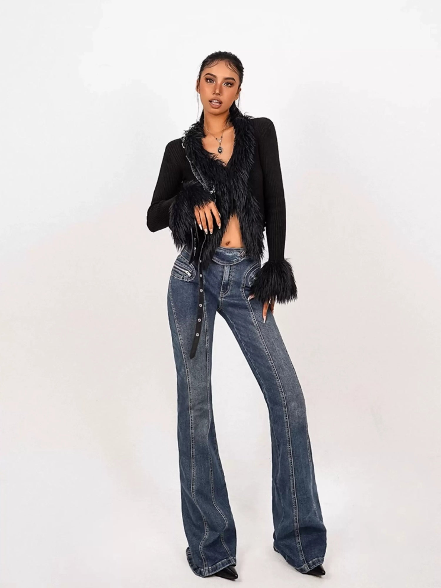 Nico Molly Fringe Tie V-neck Slim Fit Urban Street Cropped Bell Sleeve Solid Knit Cardigans