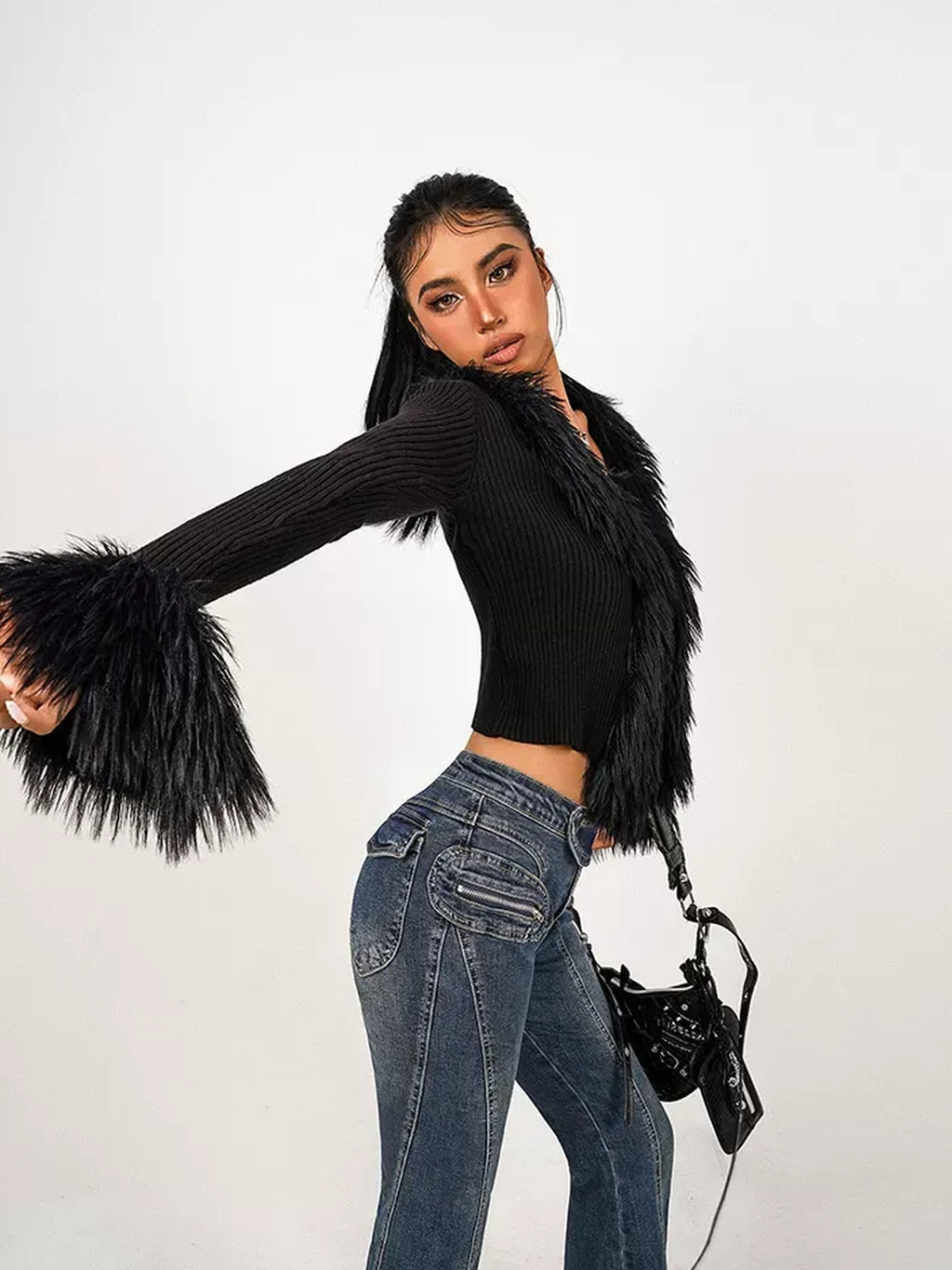 Nico Molly Fringe Tie V-neck Slim Fit Urban Street Cropped Bell Sleeve Solid Knit Cardigans