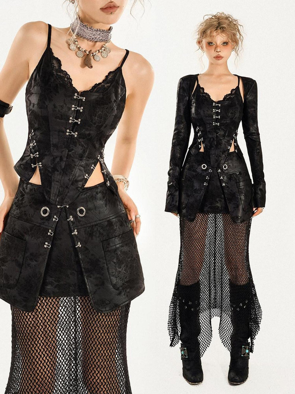 Nico Molly Gothic 3 Piece V-neck Long Sleeve Vest Jacket Skirt For Women Top & Skirt Sets