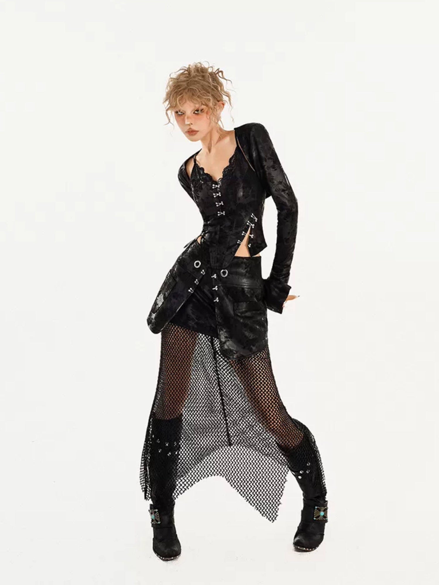 Nico Molly Gothic 3 Piece V-neck Long Sleeve Vest Jacket Skirt For Women Top & Skirt Sets
