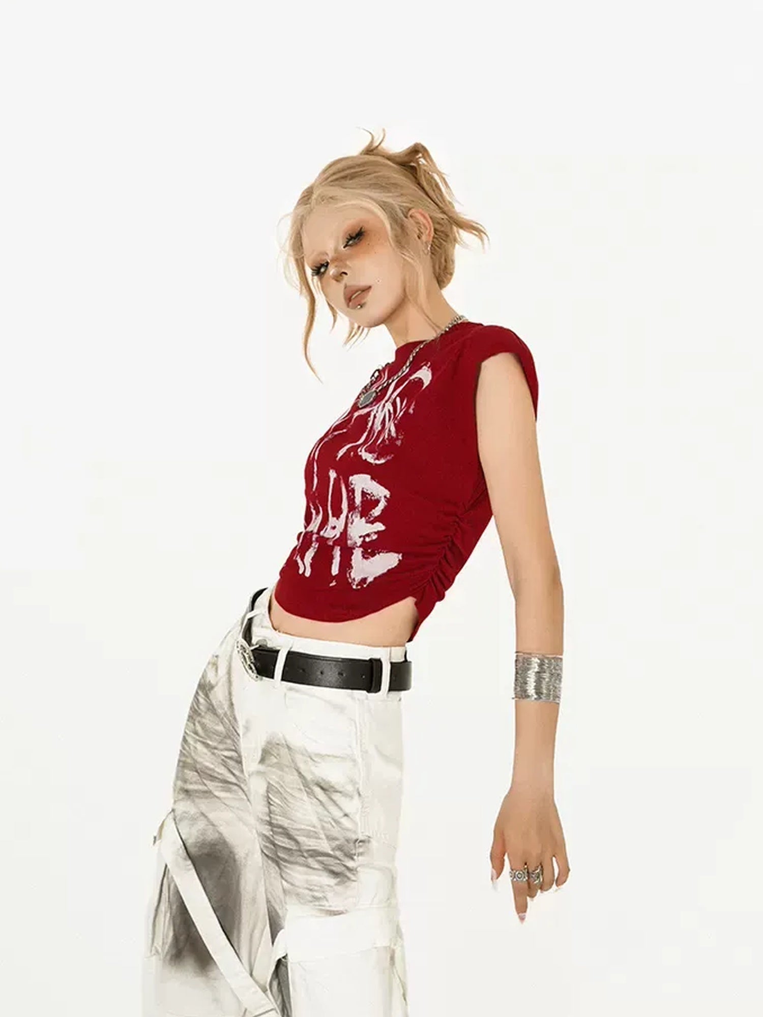 Nico Molly Graphic Print Slim Fit Street Mock Neck Short Sleeve Red White Basic Crop Tops