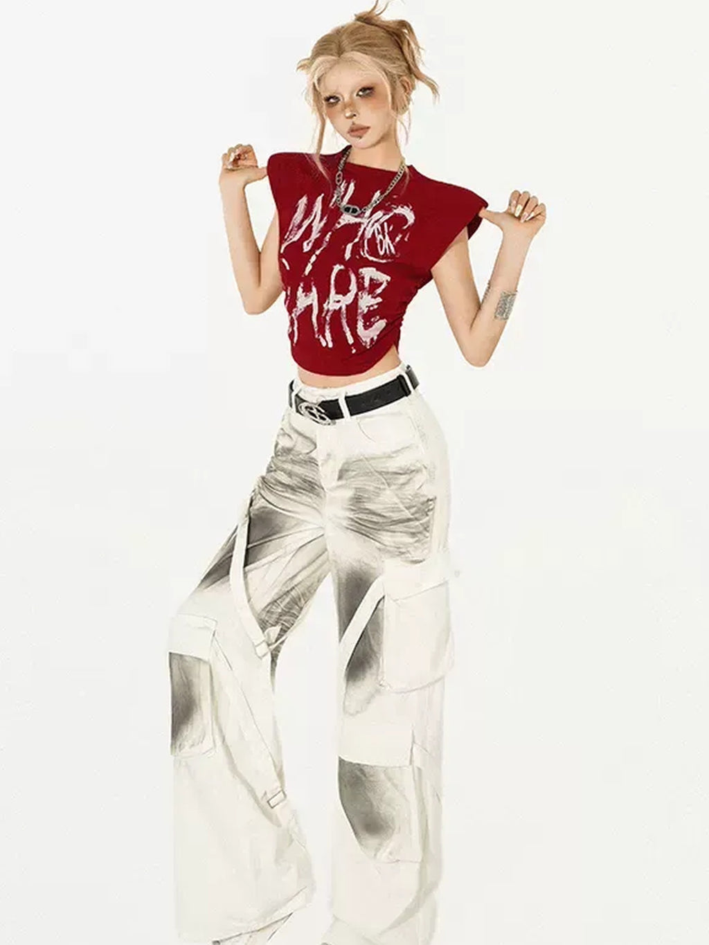 Nico Molly Graphic Print Slim Fit Street Mock Neck Short Sleeve Red White Basic Crop Tops