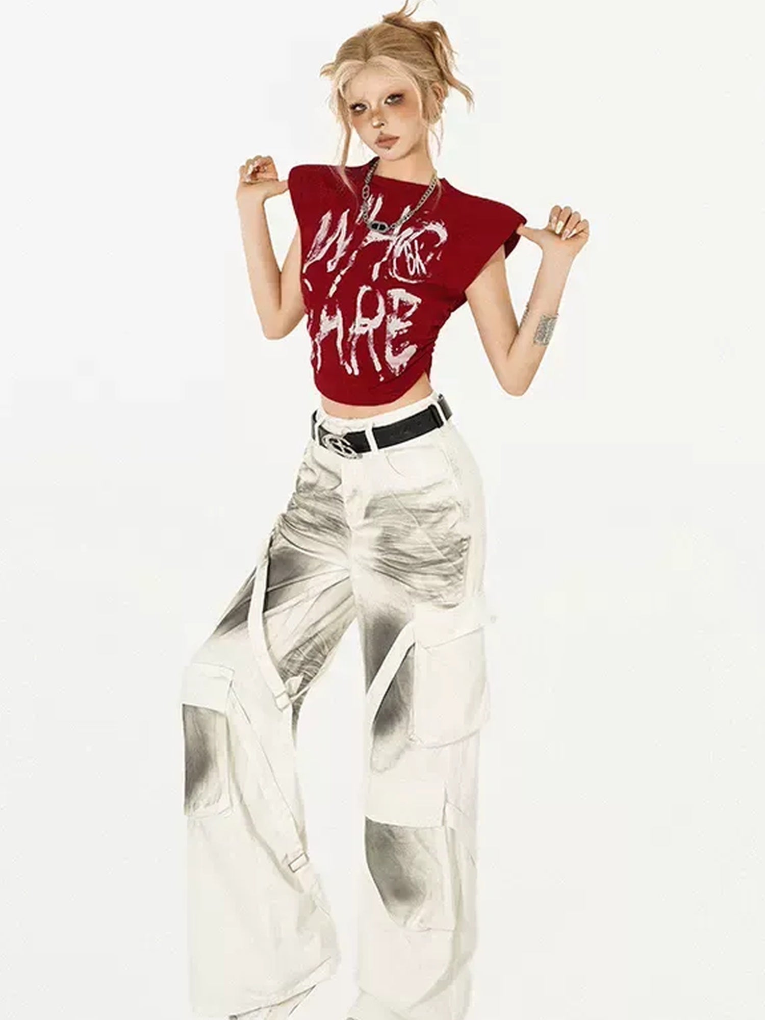 Nico Molly Graphic Print Slim Fit Street Mock Neck Short Sleeve Red White Basic Crop Tops