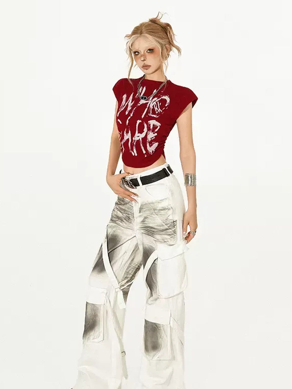 Nico Molly Graphic Print Slim Fit Street Mock Neck Short Sleeve Red White Basic Crop Tops