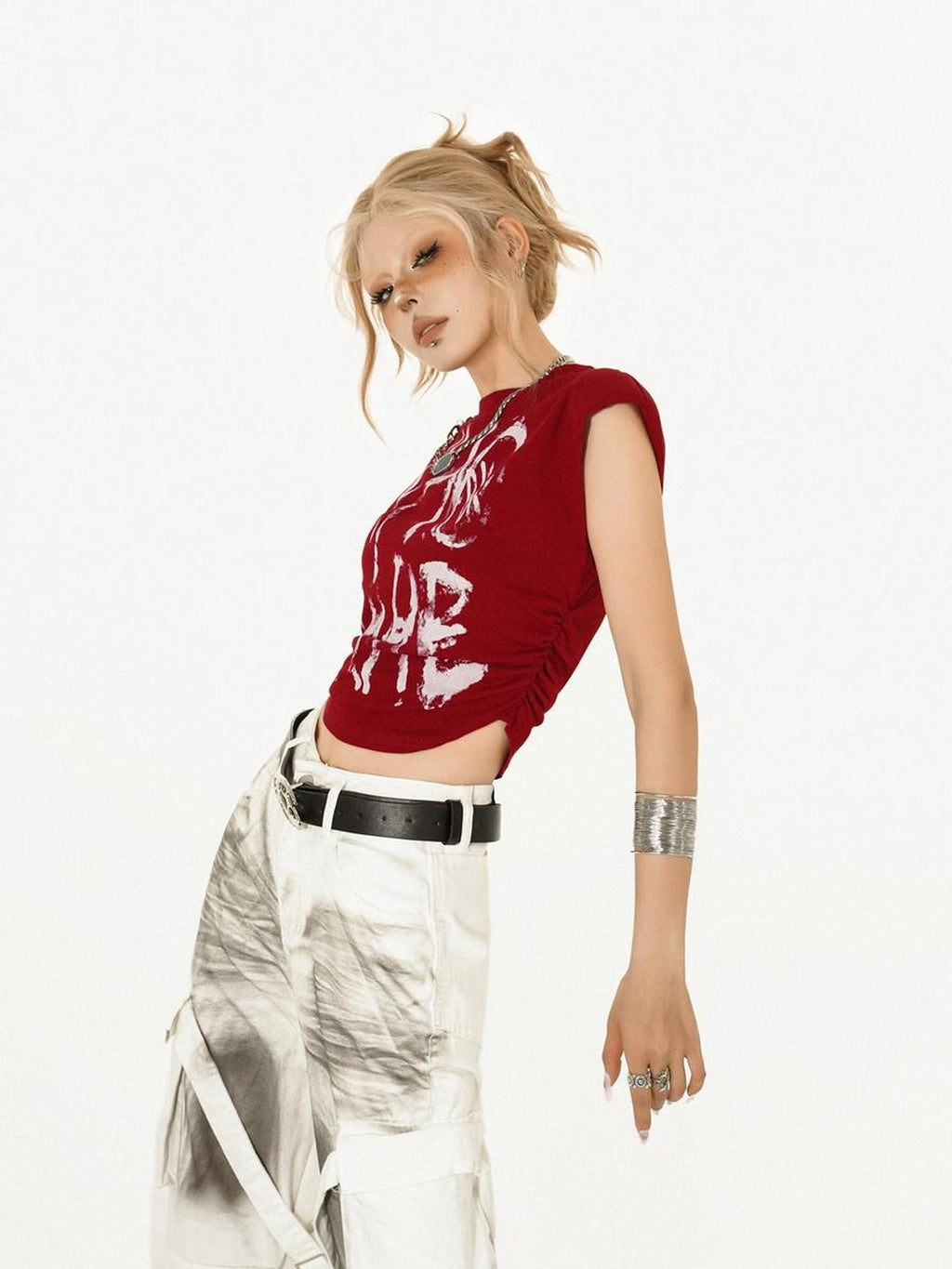 Nico Molly Graphic Print Slim Fit Street Mock Neck Short Sleeve Red White Basic Crop Tops