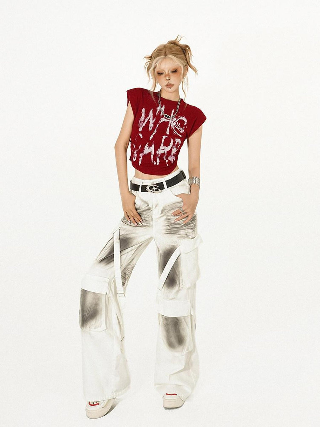 Nico Molly Graphic Print Slim Fit Street Mock Neck Short Sleeve Red White Basic Crop Tops
