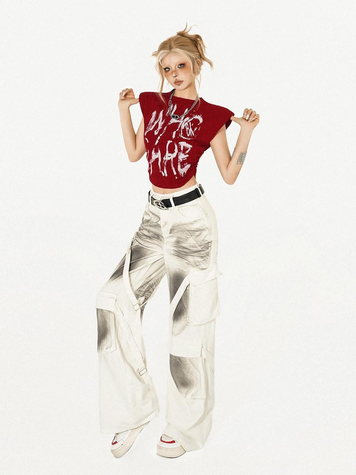 Nico Molly Graphic Print Slim Fit Street Mock Neck Short Sleeve Red White Basic Crop Tops