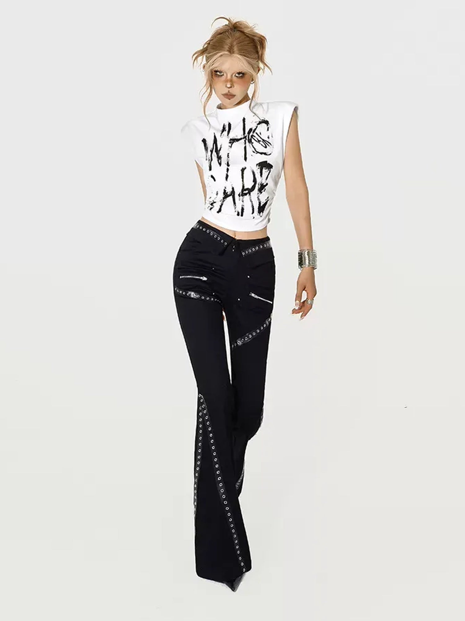 Nico Molly Graphic Print Slim Fit Street Mock Neck Short Sleeve Red White Basic Crop Tops