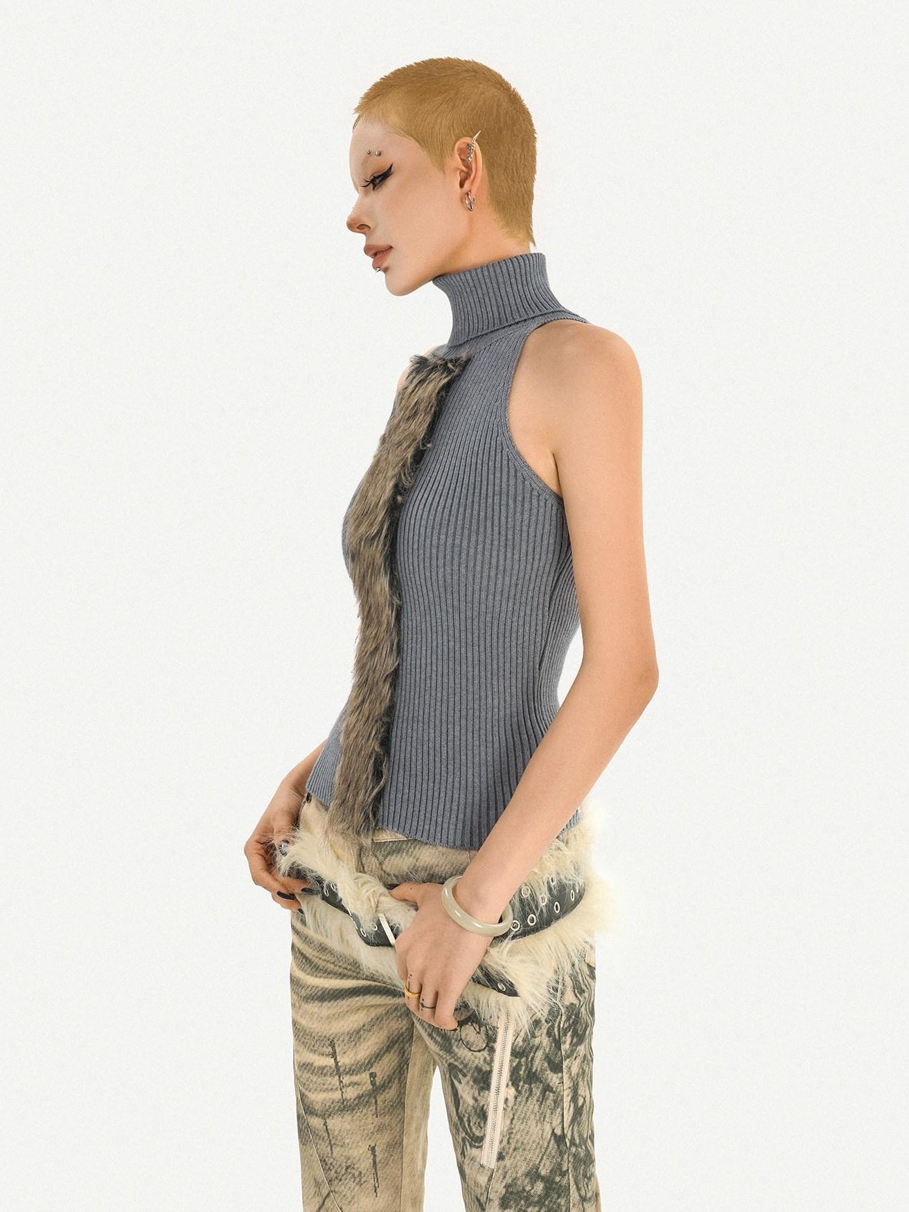 Nico Molly High Neck Slim Fit Street Style Woven Strap Gray Women Casual Citywalk Tank Tops