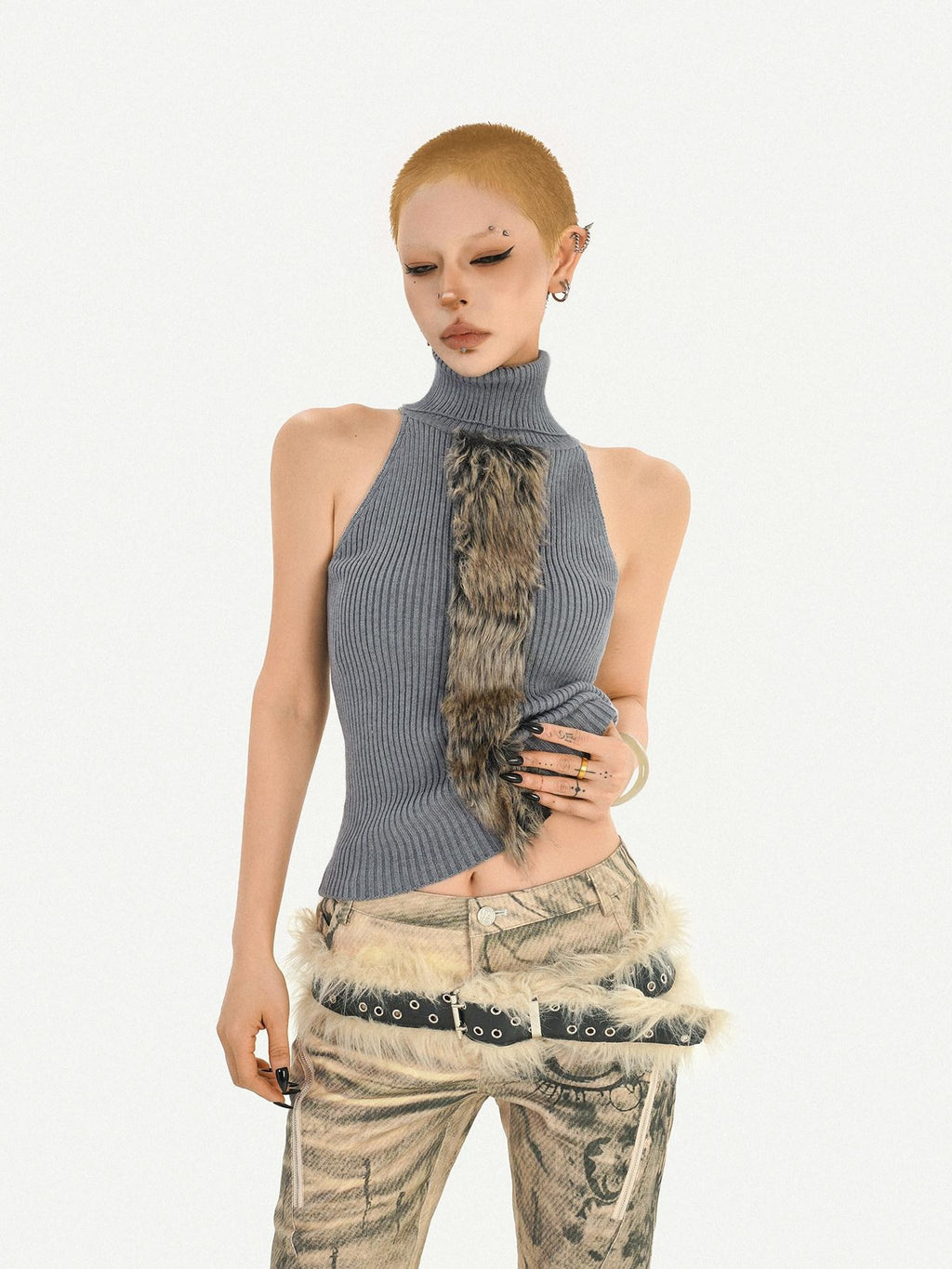 Nico Molly High Neck Slim Fit Street Style Woven Strap Gray Women Casual Citywalk Tank Tops