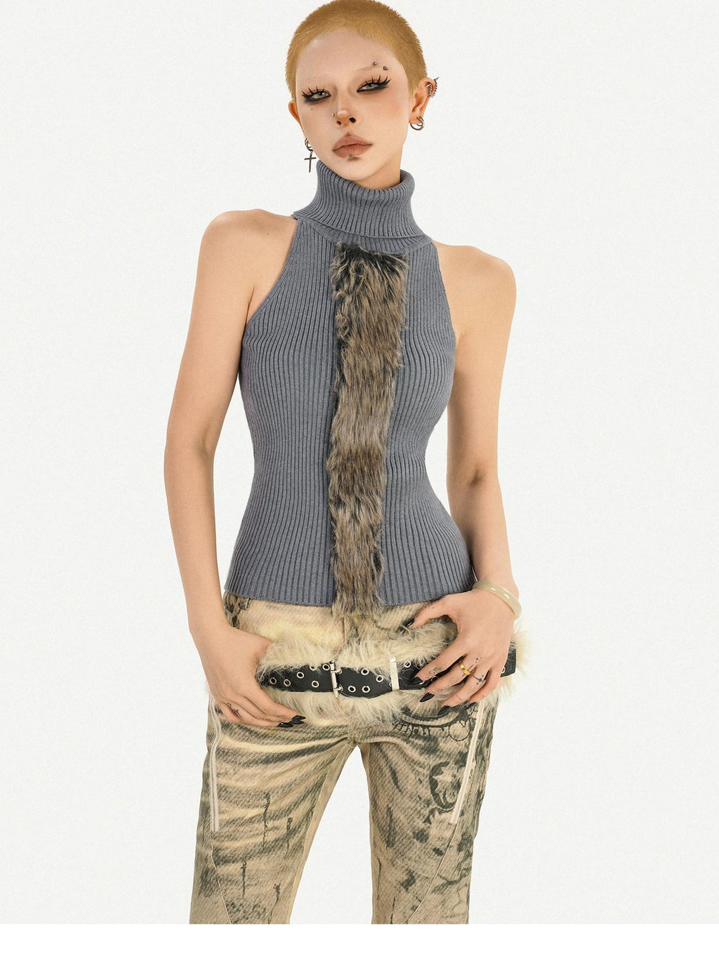 Nico Molly High Neck Slim Fit Street Style Woven Strap Gray Women Casual Citywalk Tank Tops
