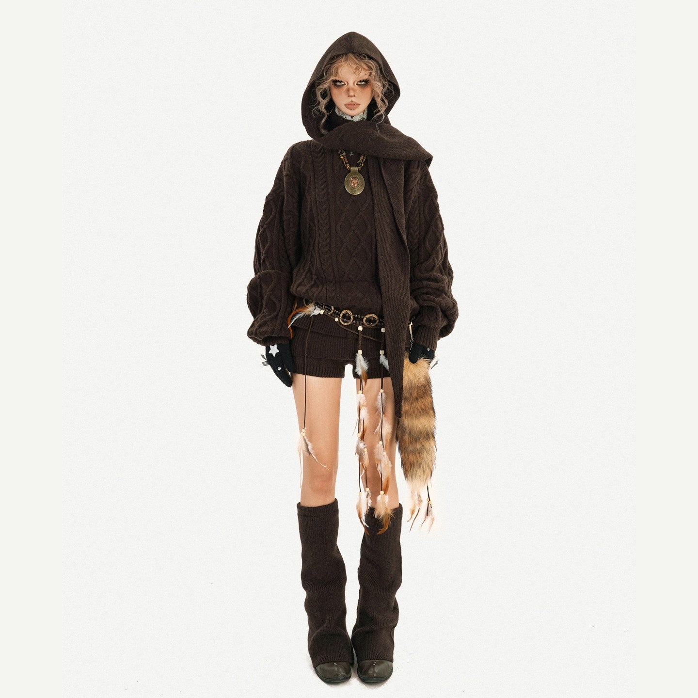 Nico_Molly_High_Stretch_Knitted_Loose_Longsleeve_Low_Waist_Brown_Pullover_Top_&_Shorts_Sets_MISSTT