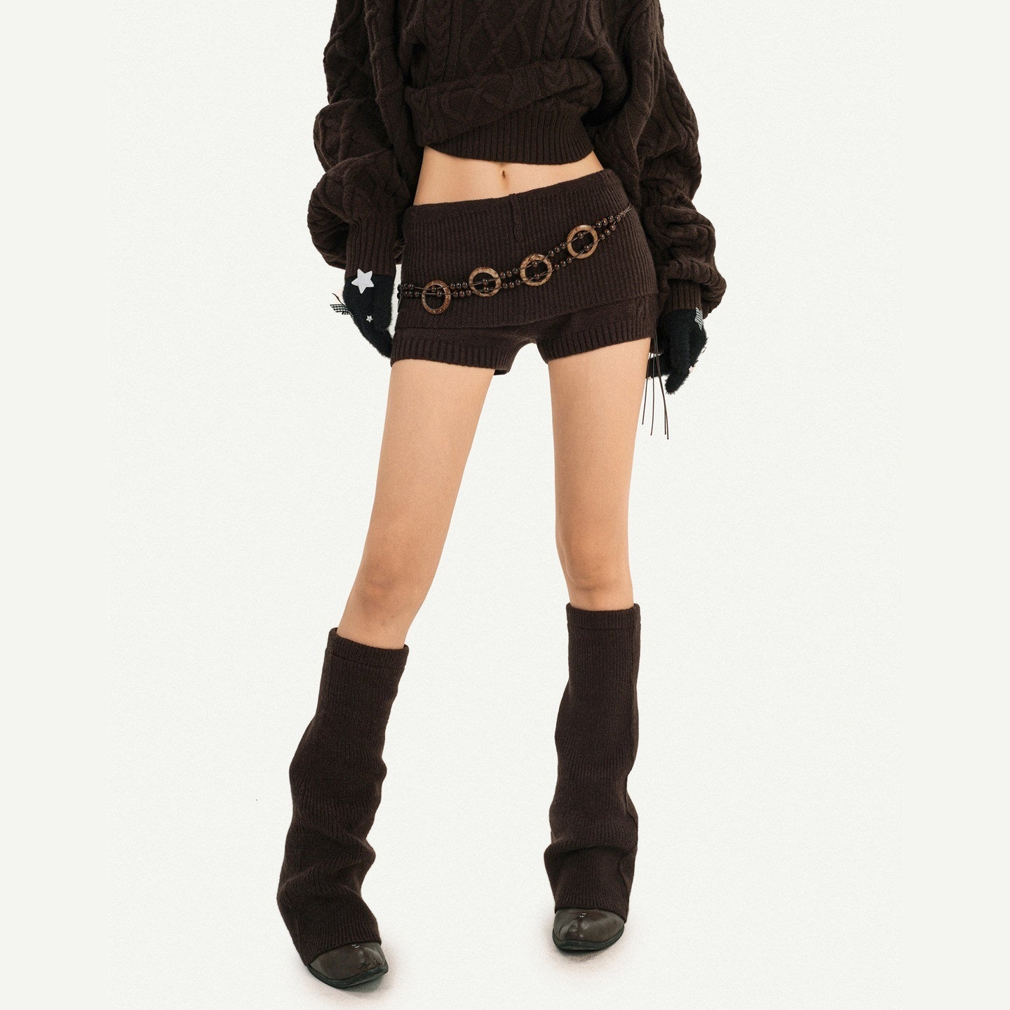 Nico_Molly_High_Stretch_Knitted_Loose_Longsleeve_Low_Waist_Brown_Pullover_Top_&_Shorts_Sets_MISSTT