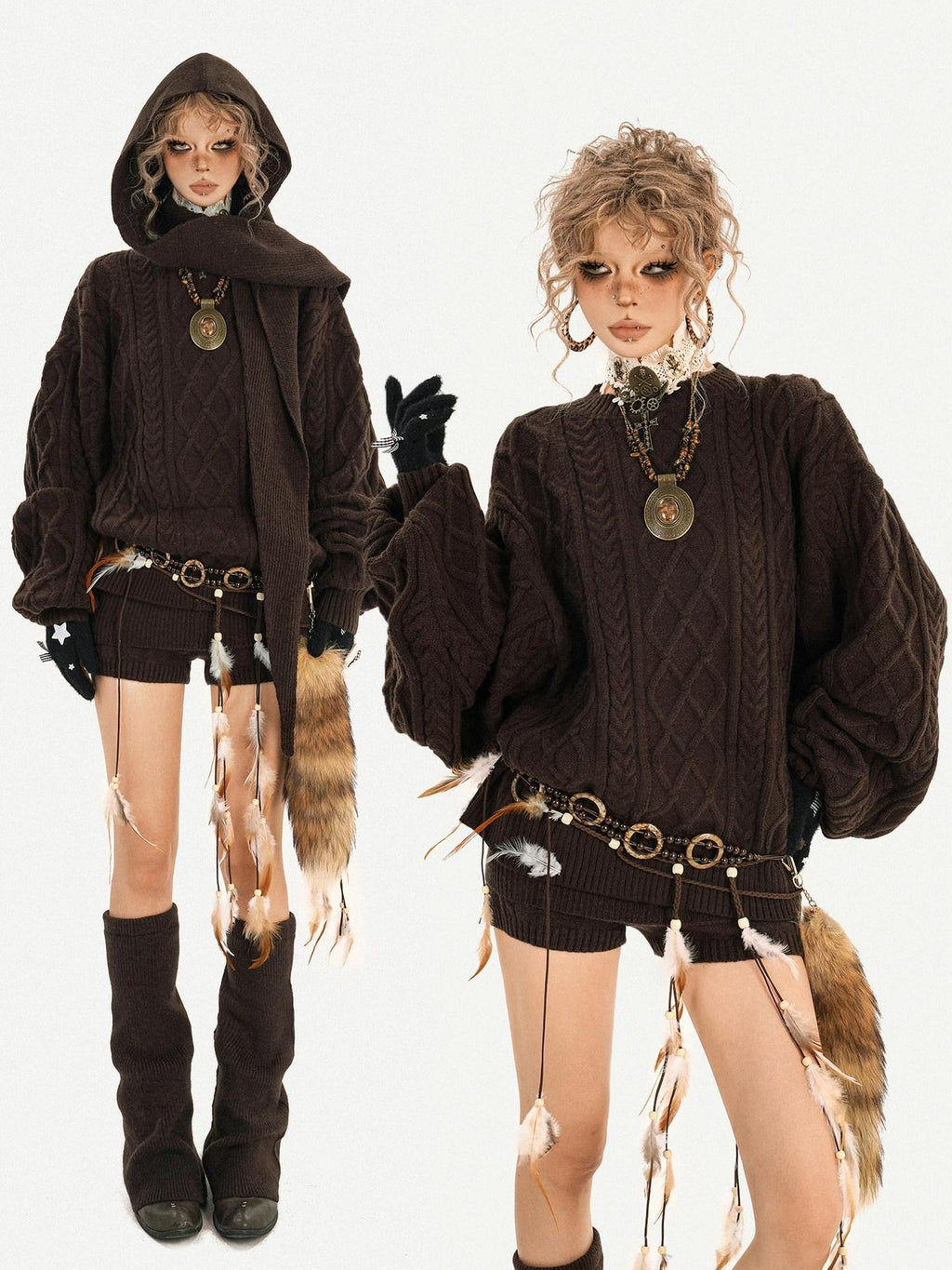 Nico Molly High Stretch Knitted Loose Longsleeve Low Waist Brown Pullover Top & Shorts Sets